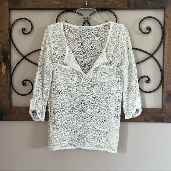 Maurices Lace Sheer Three Quarter Sleeve Popover Ivory Tunic Blouse M - Picture 1 of 12